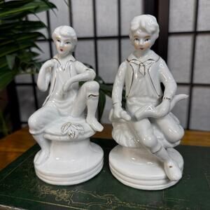 Vintage Porcelain Boys Sitting Figurine Set White Victorian